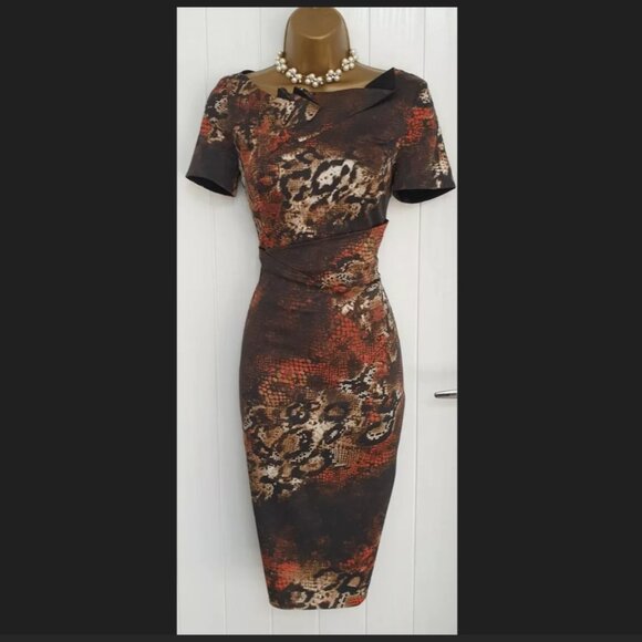 Karen Millen Python Print Asymmetrical Neckline Short Sleeve Sheath Dress Size 4 - Picture 2 of 16